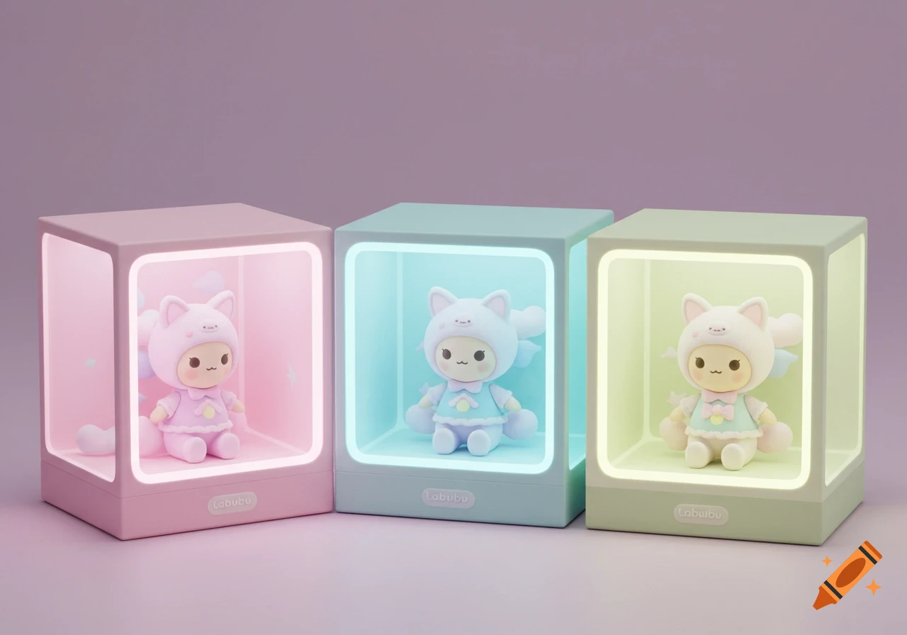 Three pastel-colored display boxes with glowing edges, each holding a cute Labubu doll.