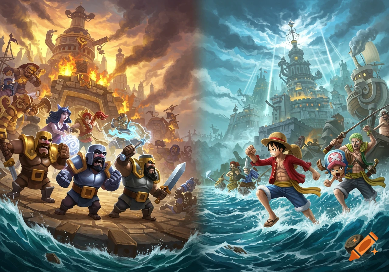 A fantasy battle scene depicting a crossover between Clash Royale and One Piece. The left side shows Clash Royale characters with a burning city, while the right side features One Piece characters on the ocean with a bright city.