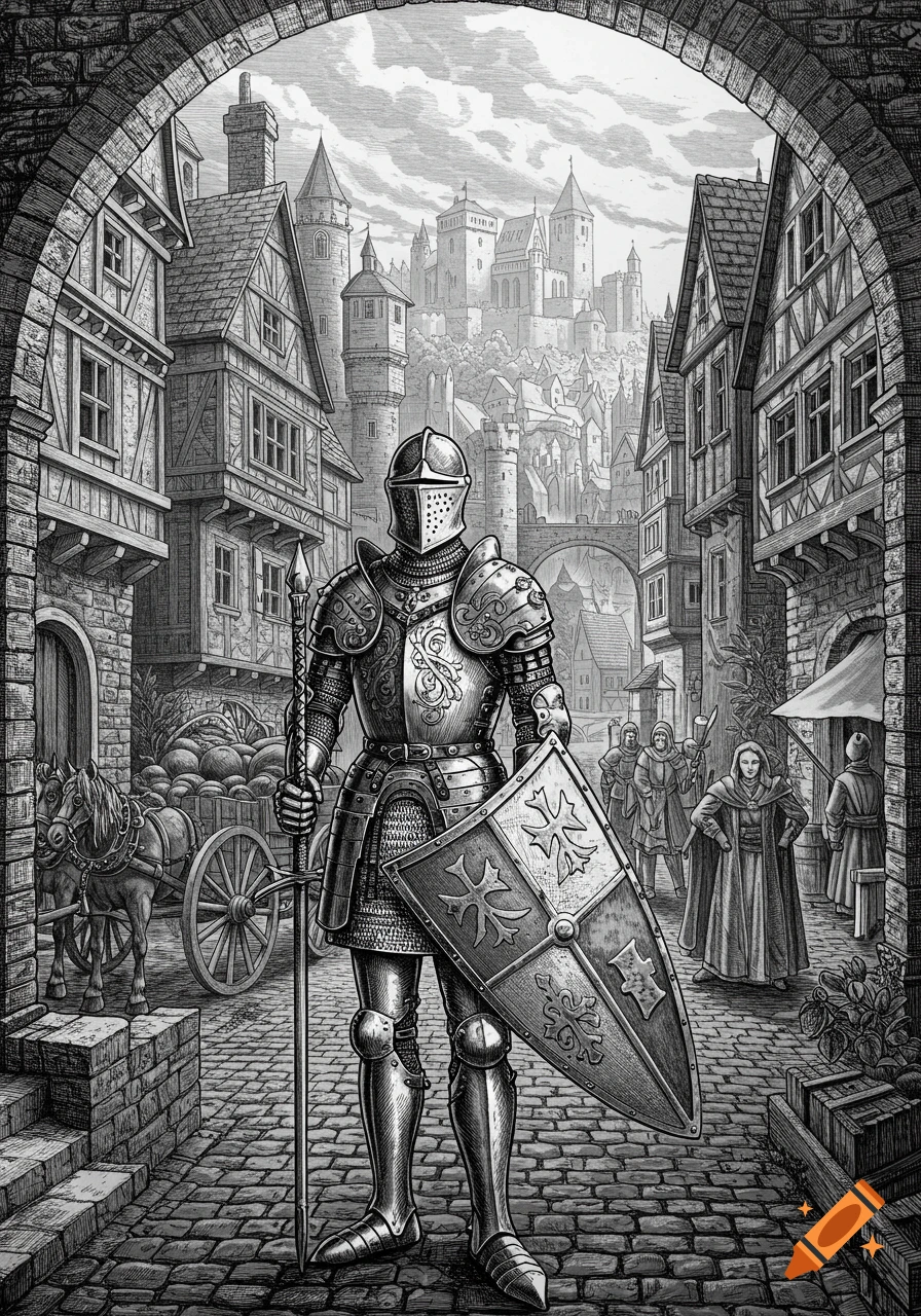 Black and white engraving of a knight in full armor holding a spear and shield on a medieval cobblestone street with buildings and a castle.