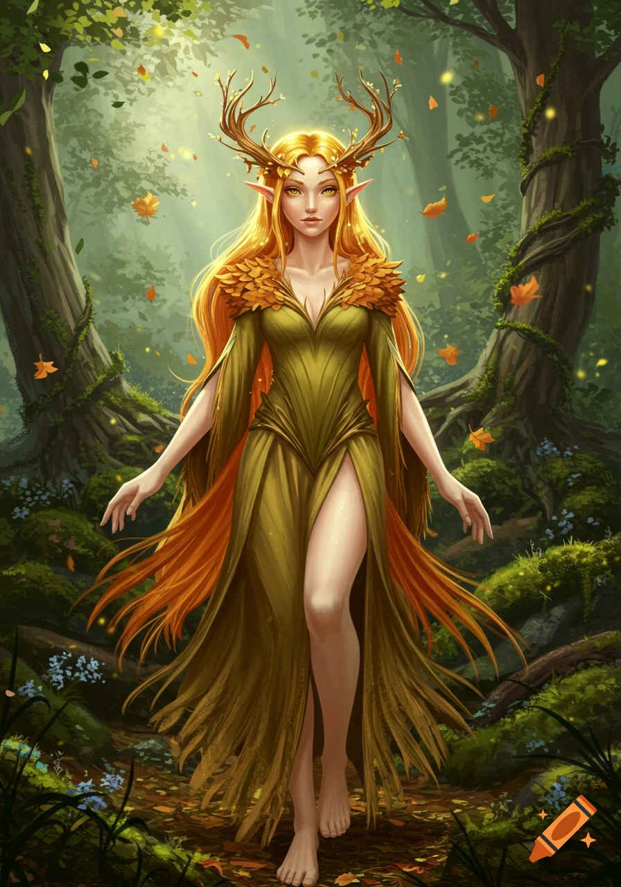 A digital painting of a golden-haired wood elf with antlers and a leafy green dress, standing in an enchanted forest.