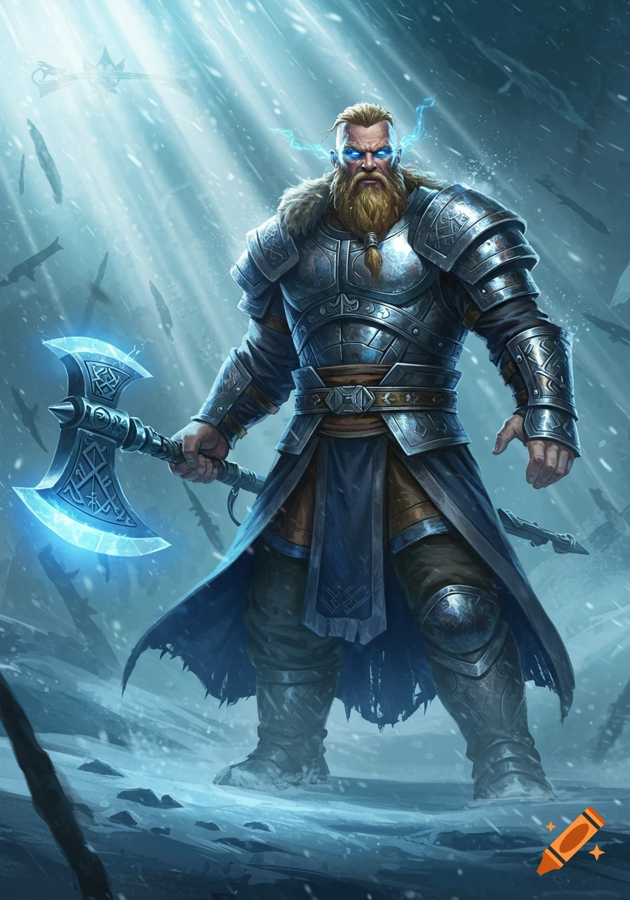 Muscular bearded warrior in detailed armor with glowing blue eyes and axe in a snowy landscape, digital painting.