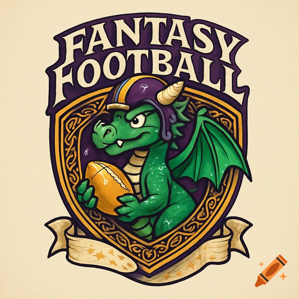 Cartoon green dragon in a football helmet holding a football, within a shield logo with 'FANTASY FOOTBALL' text.