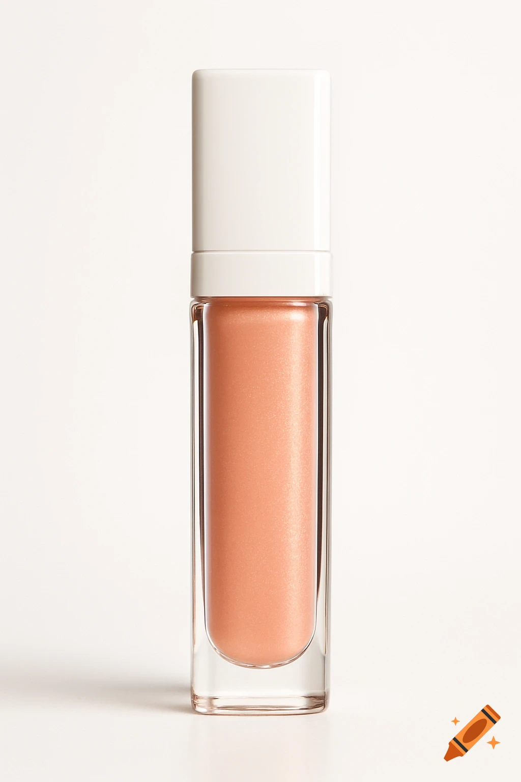 A tall rectangular lip gloss tube with a glossy transparent body filled with peachy-pink shimmering liquid, and a solid white cap. Standing on a clean white background.
