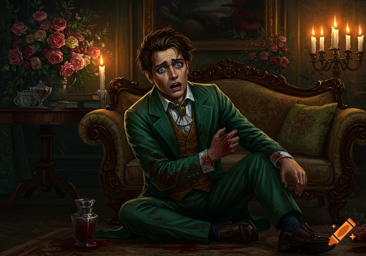 A scared blue-eyed man in a blood-stained green suit sits on a carpeted floor in a dimly lit, ornate room with candles and floral arrangements, holding his bloody arm.