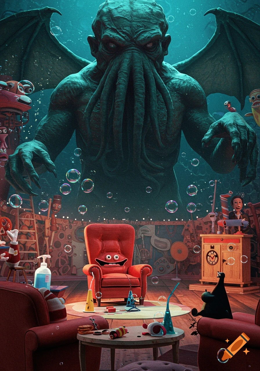 Giant green Cthulhu with wings emerges from an underwater background, looming over a vibrant, cartoonish room with playful furniture and bubbles.