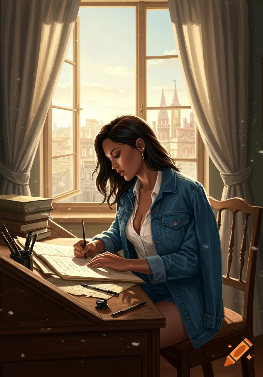 A woman in a denim jacket and white shirt writes at a wooden desk by an open window, overlooking a sunlit city. Digital art.