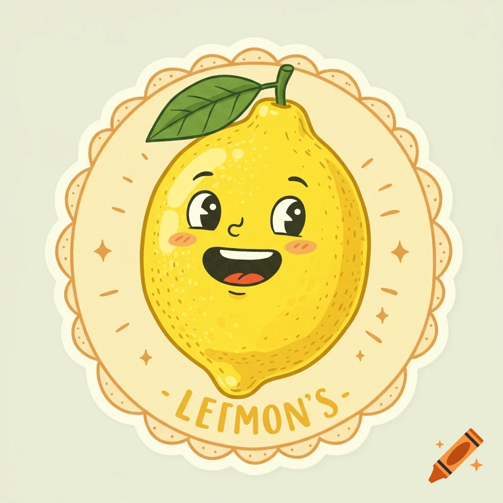 A cute cartoon lemon character with a smiling face and blush on a vintage-style scalloped sticker.