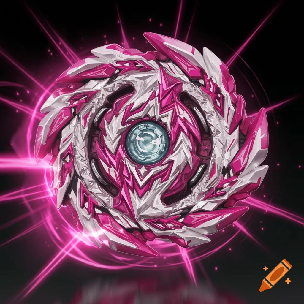 A detailed magenta, white, and black Beyblade with a glowing energetic aura on a black background, featuring a light blue core.