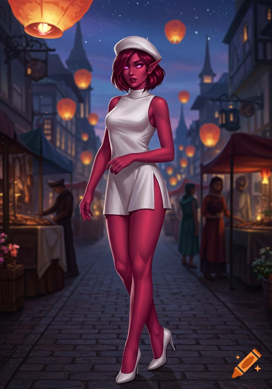 A crimson-skinned female elf with pink eyes, wearing a white beret and mini dress, stands on a cobblestone street at night under orange lanterns.