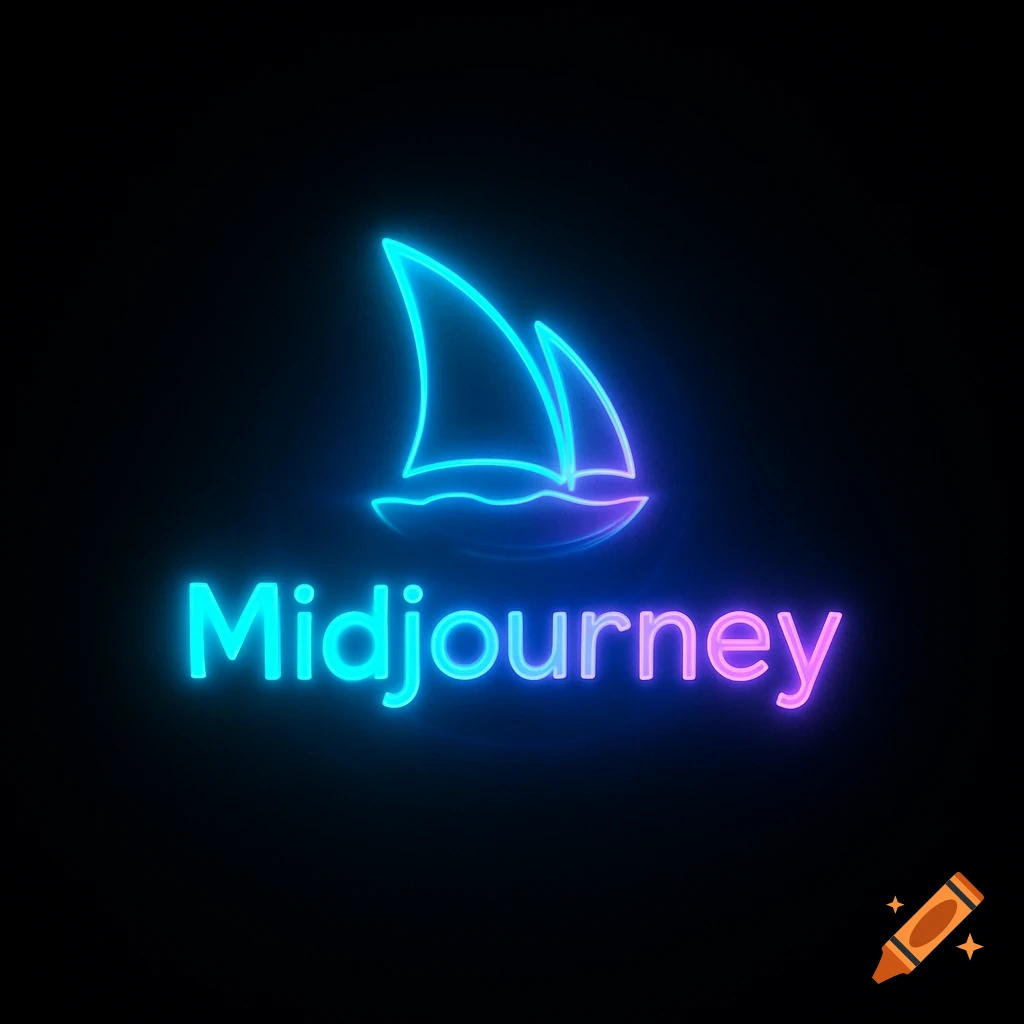 Glowing neon Midjourney logo with a sailboat icon on a black background.