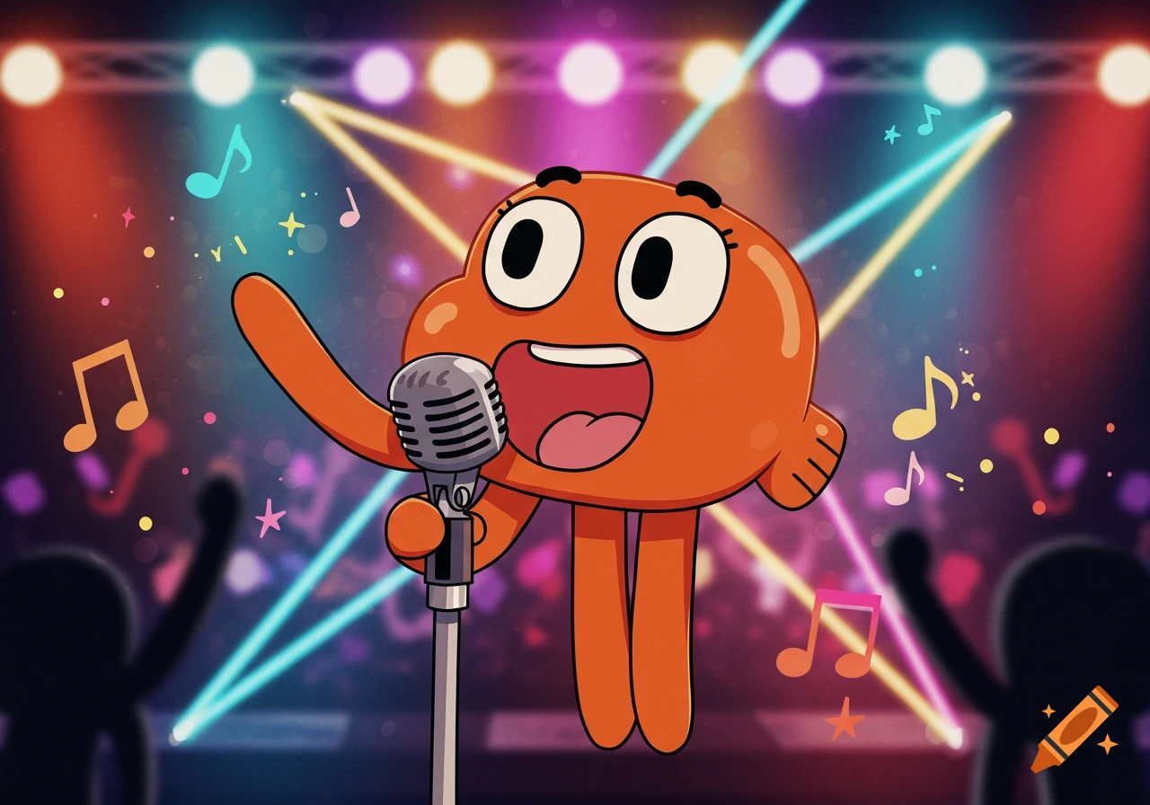 Cartoon character Darwin Watterson sings into a microphone on a stage with colorful spotlights and musical notes.
