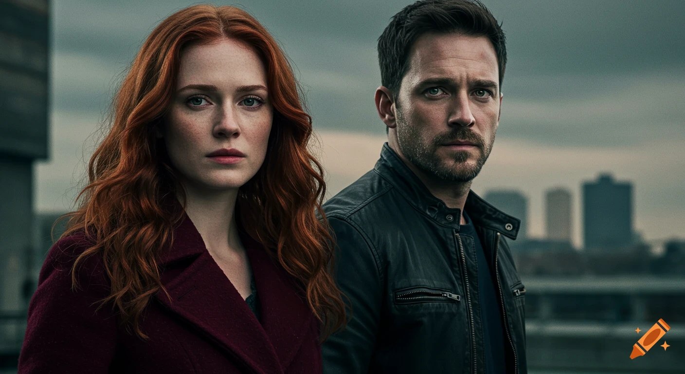 Photorealistic cinematic portrait of a serious red-haired woman in a maroon coat next to a bearded man in a black leather jacket, with an overcast city background.