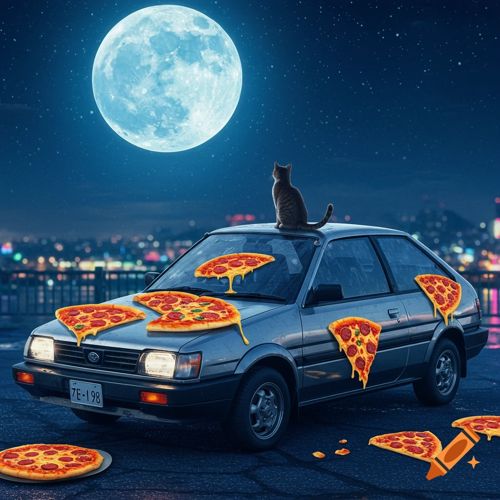 A cat sits on a gray car covered in pizza slices under a giant full moon at night, with a city skyline in the background.