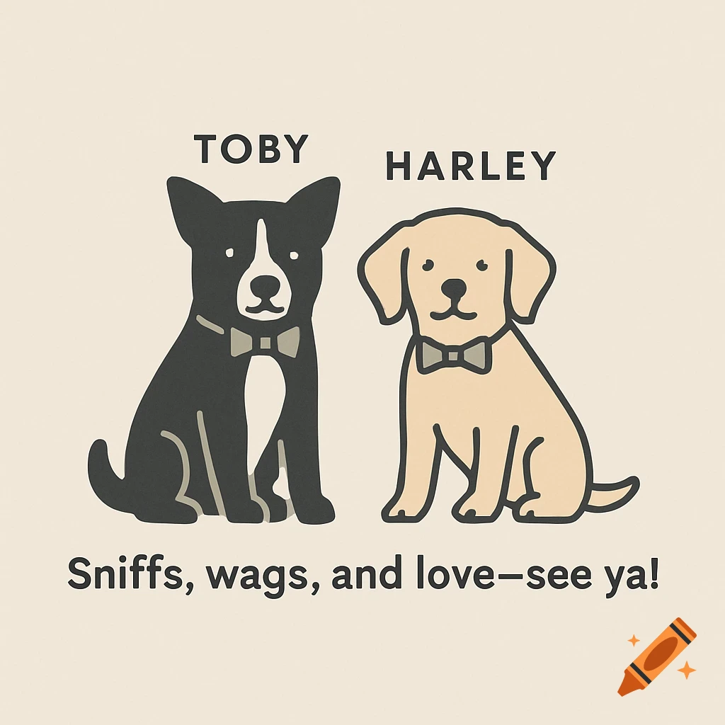 Minimalist illustration of a black cartoon dog and a beige cartoon dog, both with bowties, sitting. Text says 'Toby', 'Harley', and 'Sniffs, wags, and love—see ya!'.