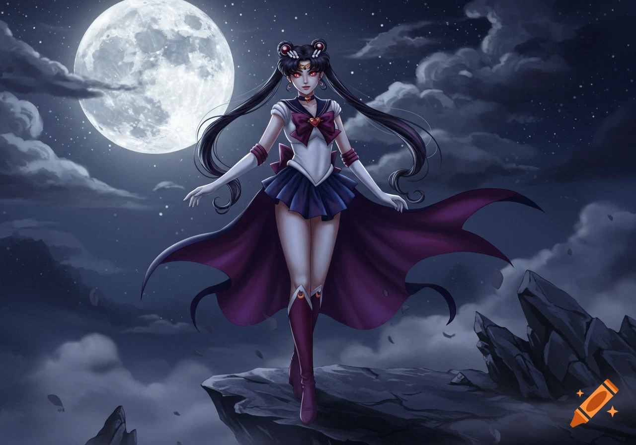 Dark-haired anime character resembling Vampire Sailor Moon, with red eyes and a flowing purple cape, stands on a cliff under a full moon.