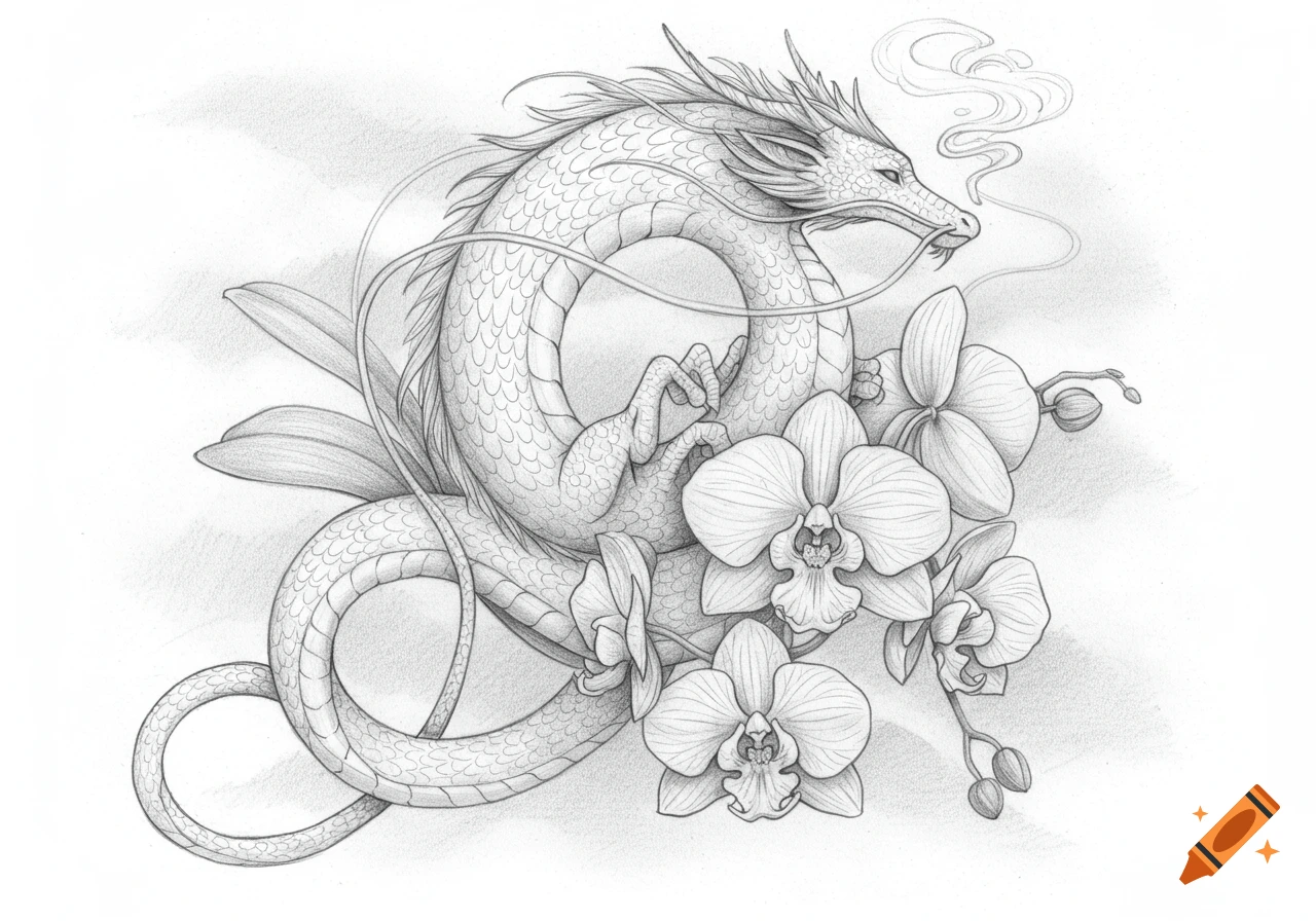 Dragon Style Japonais En Noir Et Blanc Entouré De Fleurs De Cerisier  created on Craiyon, image size:1280x896