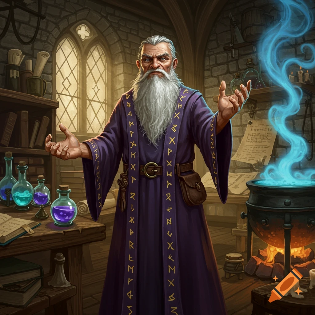 A grumpy, wizened wizard with a long white beard stands in a stone laboratory with glowing potions and a cauldron emitting blue smoke. Digital art.
