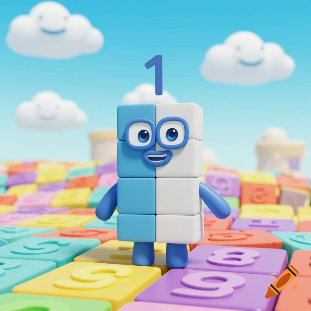 A cheerful blue and white Numberblock 1 character stands on colorful numbered blocks under a blue sky with smiling clouds.