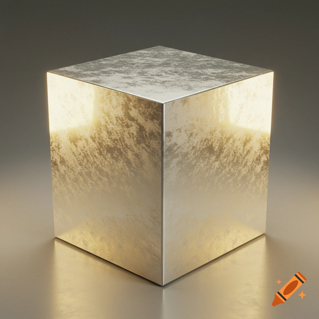 A shiny, textured metallic cube with a silvery-gold hue, reflecting light on a dark background.