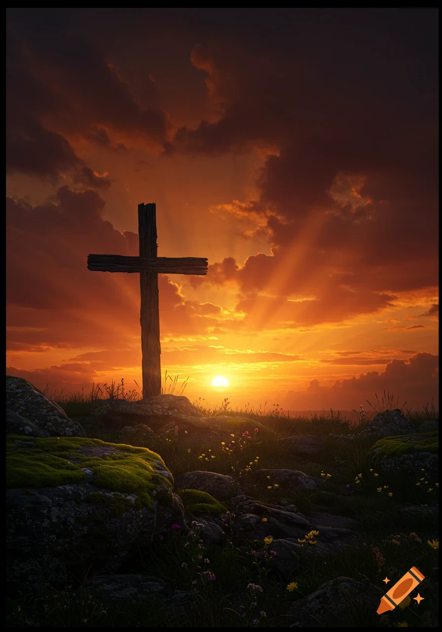 A rustic wooden cross stands atop a rocky, grassy hill, silhouetted against a dramatic orange and red sunset with sunbeams breaking through clouds.