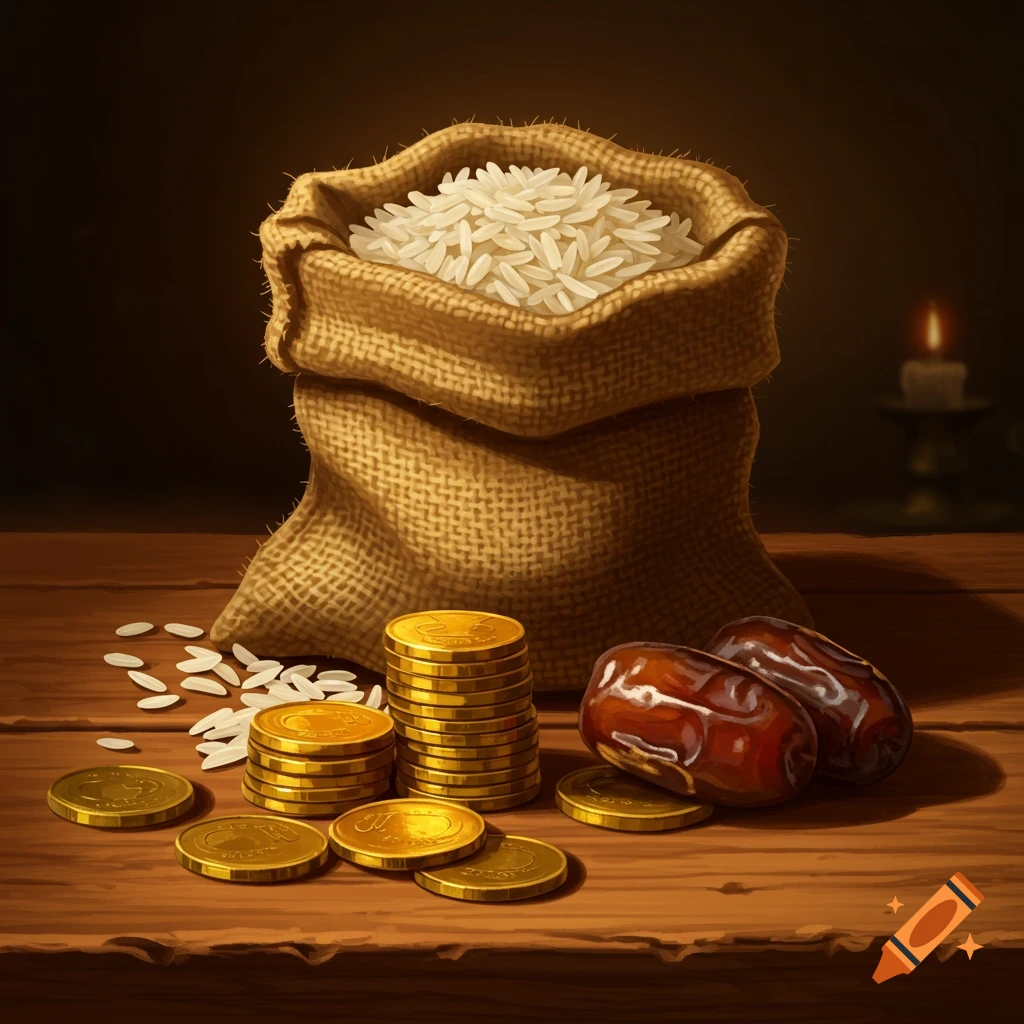A still life painting of a burlap sack filled with white rice, scattered grains, stacks of gold coins, and two dates on a wooden table. A candle burns in the background.