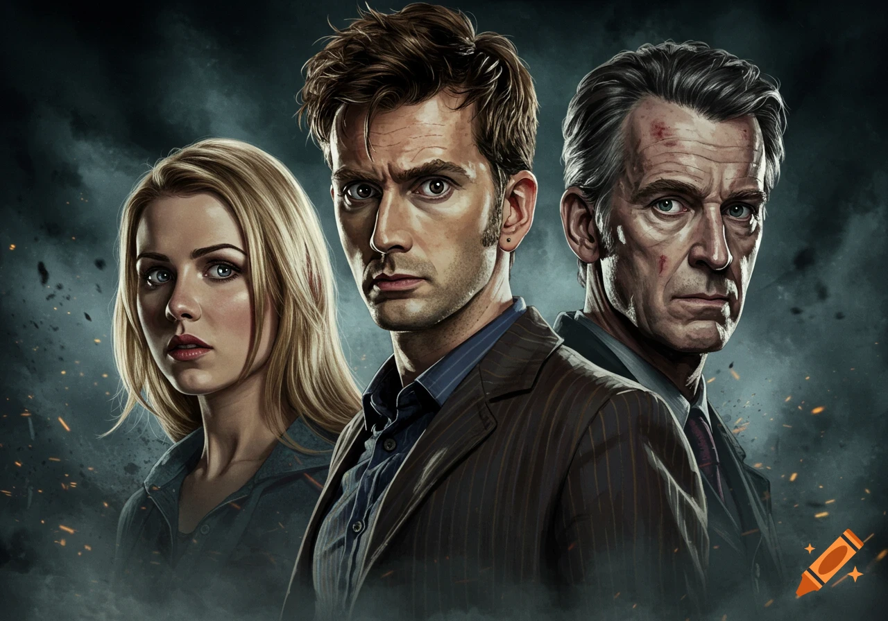 Three serious individuals, a blonde woman, a brown-haired man, and an older grey-haired man, against a dark, smoky background in a cinematic style.
