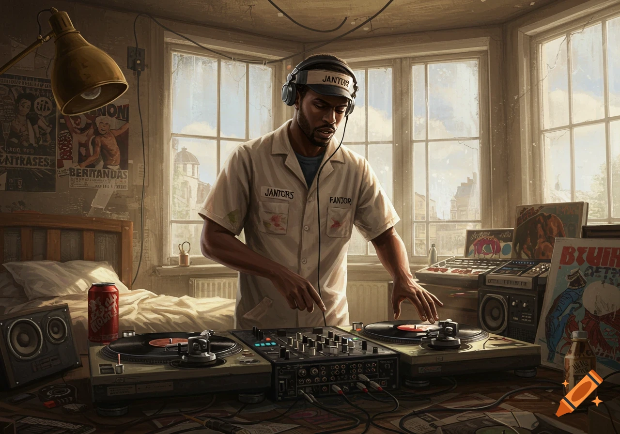A black male DJ wearing headphones and a uniform, scratching on turntables in a messy bedroom with posters on the wall.