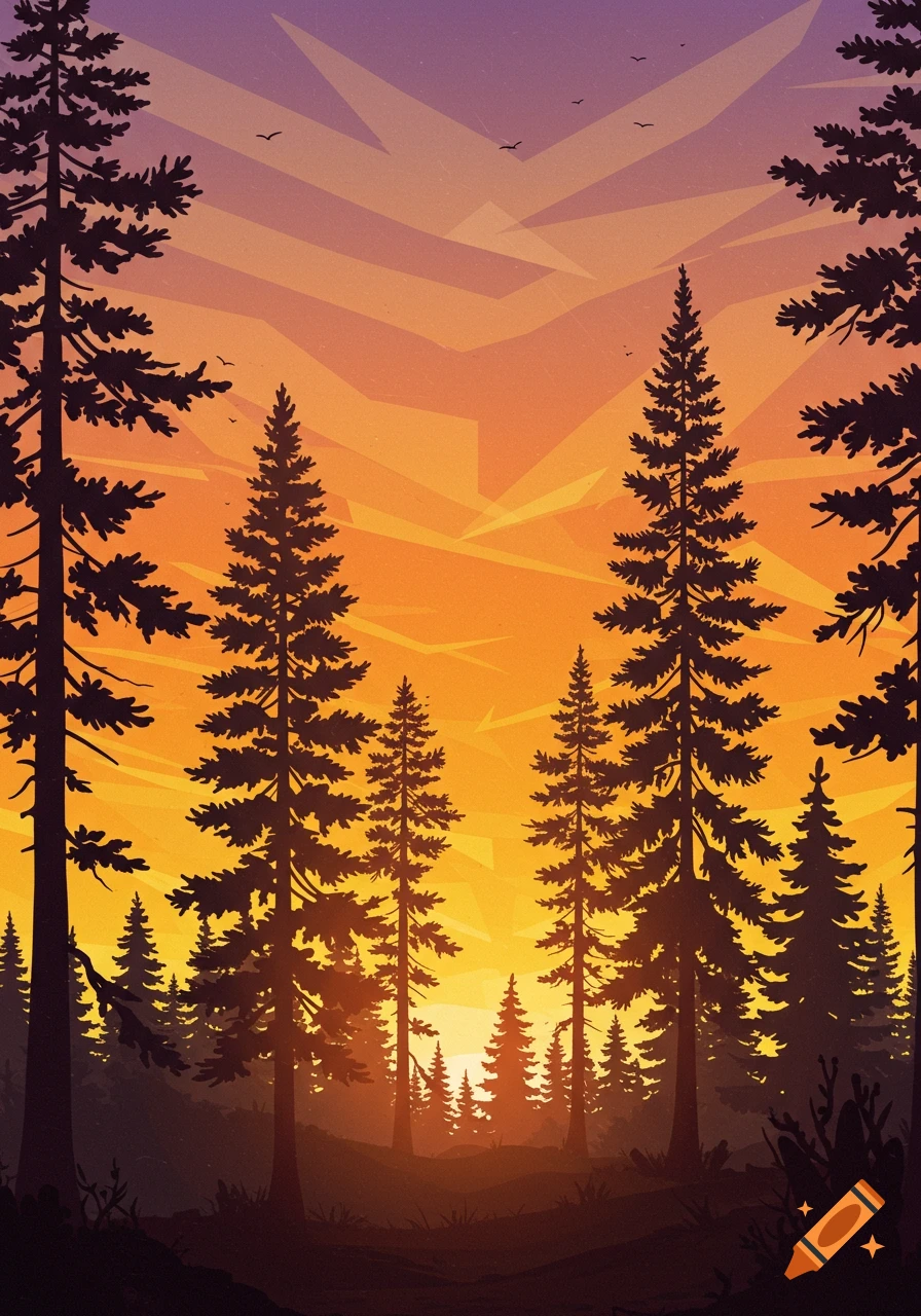 A vibrant Art Deco illustration of silhouetted pine trees against a purple and orange sunset with geometric sky patterns.