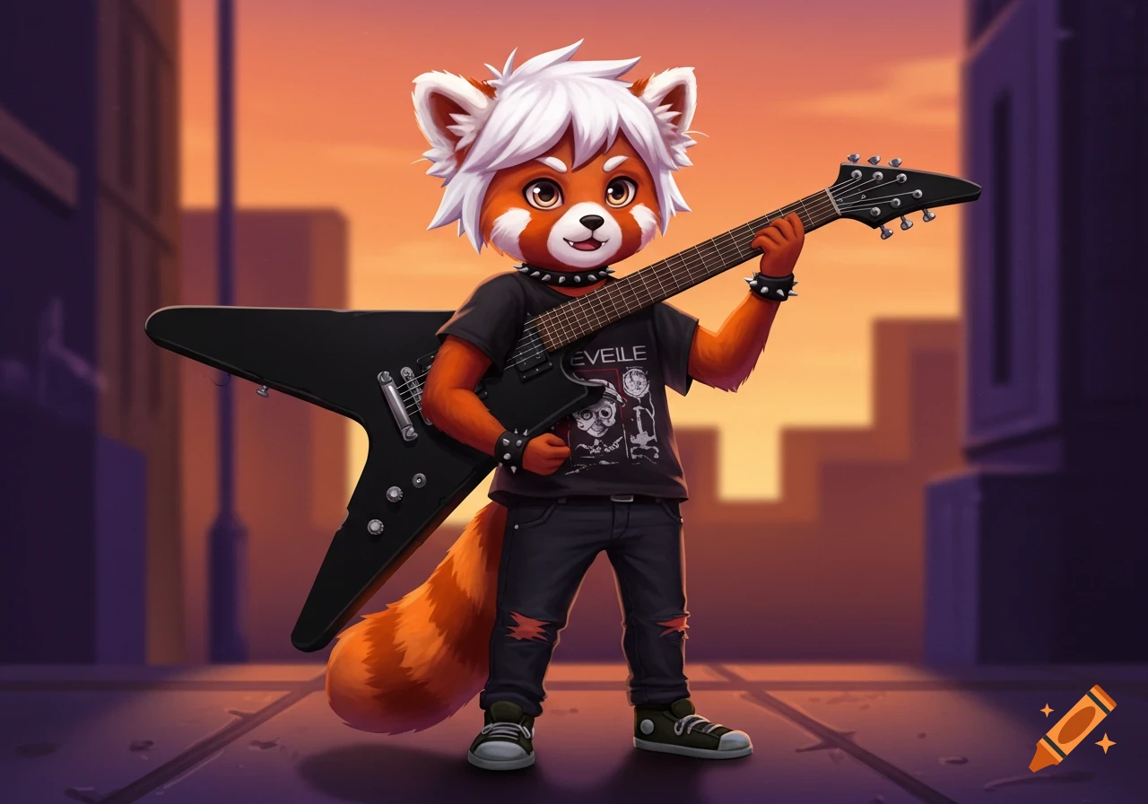A cute, white-haired red panda in punk attire plays a black electric guitar against an orange city sunset.