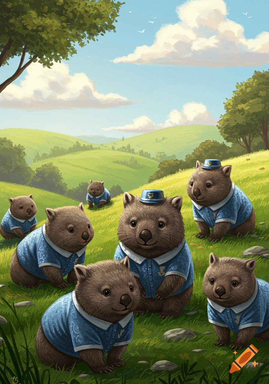 A charming illustration of several wombats wearing blue sport uniforms and hats in a grassy, hilly landscape.
