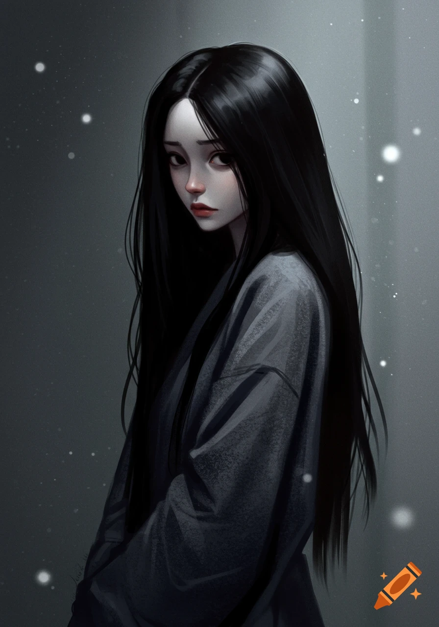Stylized digital portrait of a sad woman with long black hair, wearing dark clothes, in a dark, atmospheric setting.