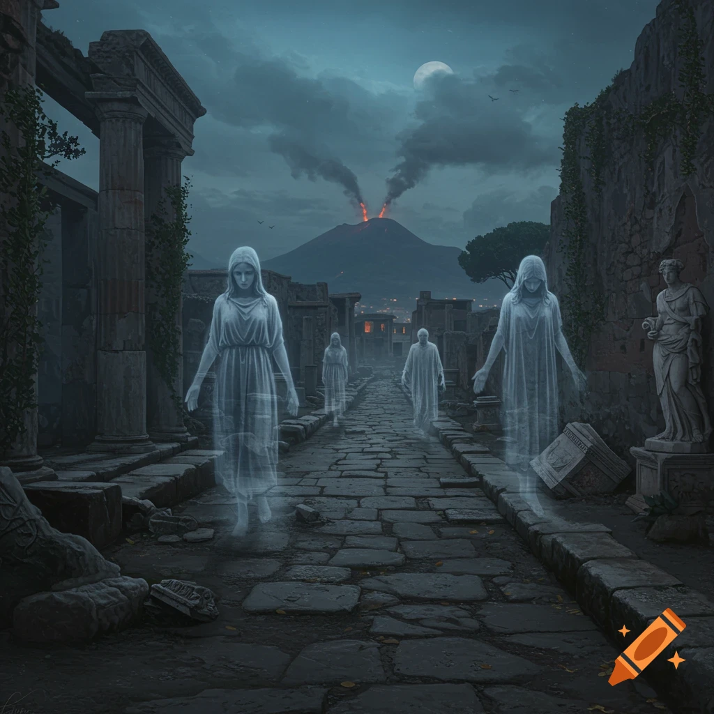Ethereal ghosts walk along a cobblestone path through ancient Roman ruins at night, with an erupting volcano and full moon in the dark sky.