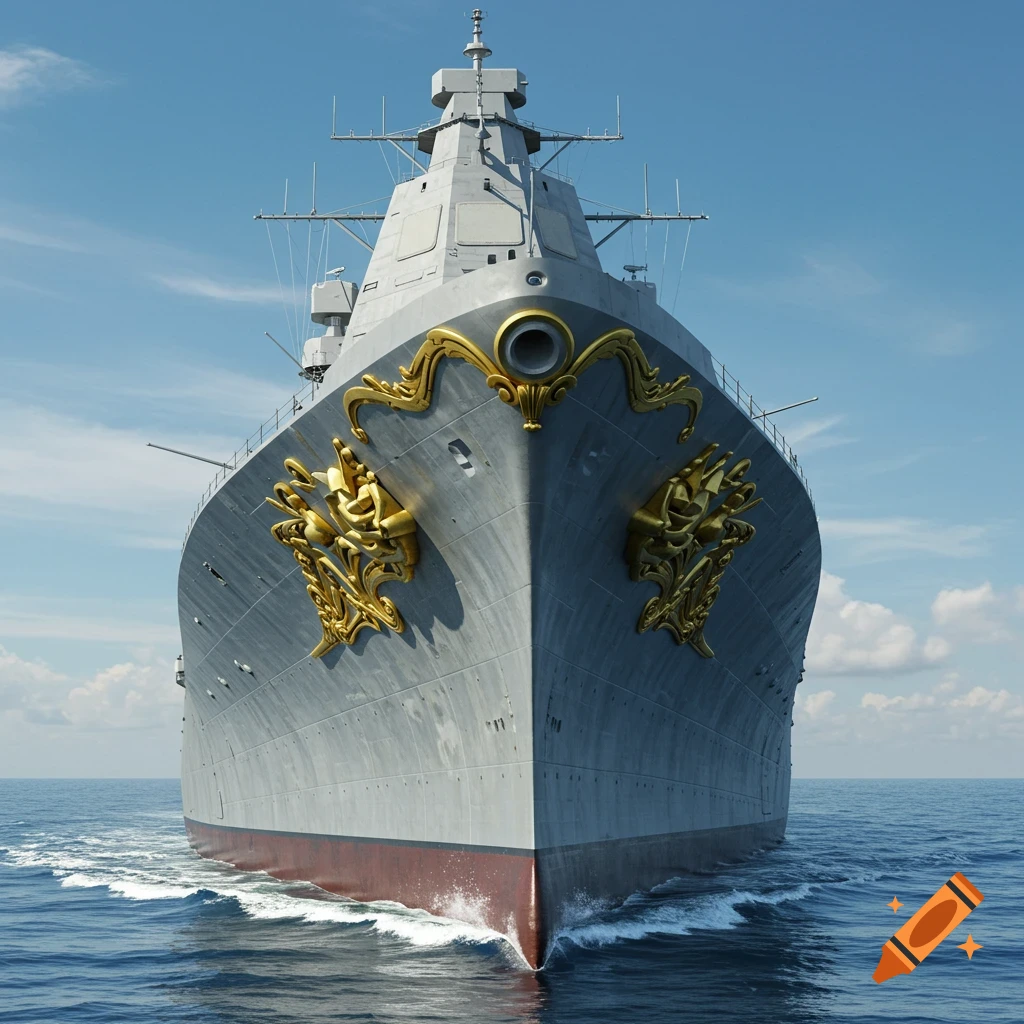 A photorealistic front view of a modern USS Zumwalt warship with an ornate golden bow decoration, sailing on blue ocean waters under a clear sky.