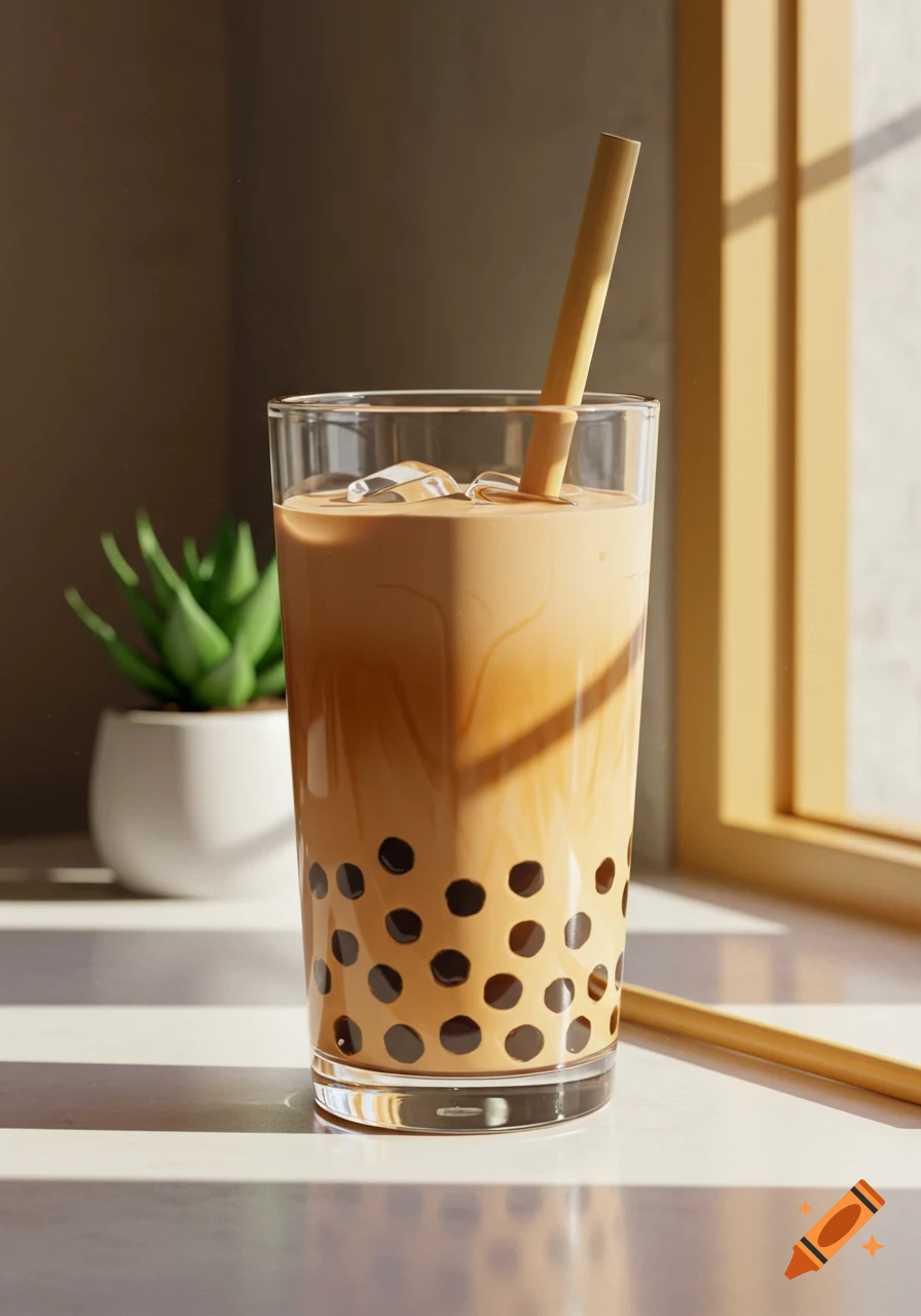 Photorealistic close-up of a glass of bubble tea with ice, tapioca pearls, and a straw, bathed in sunlight on a counter next to a blurred plant.