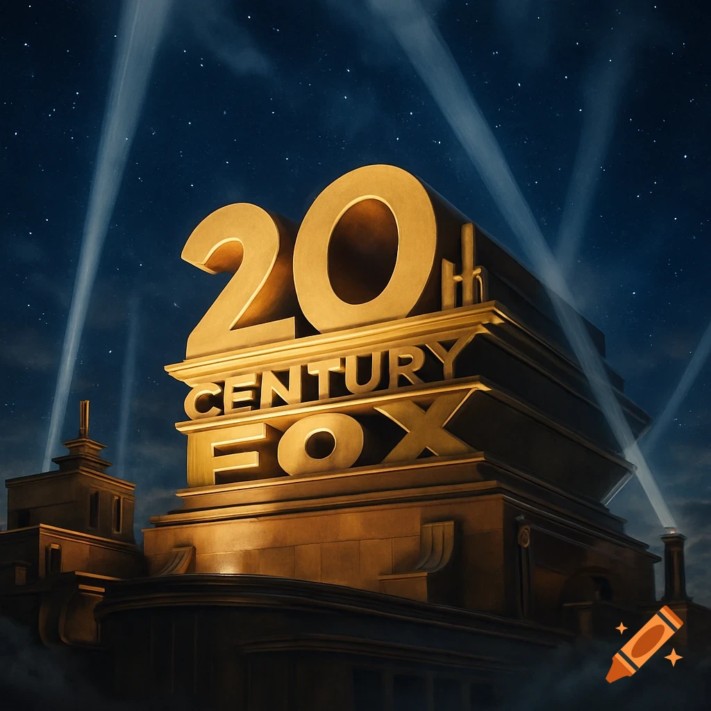 The iconic golden 20th Century Fox logo against a starry night sky, illuminated by searchlights.