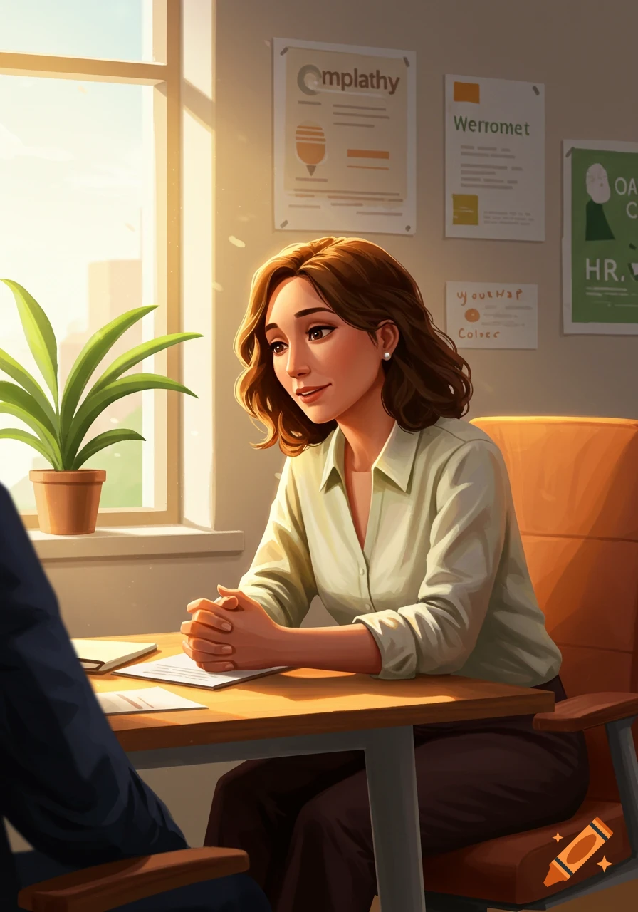 An illustrated professional woman with brown hair sits at a desk in a bright office, hands clasped, looking towards someone off-screen.