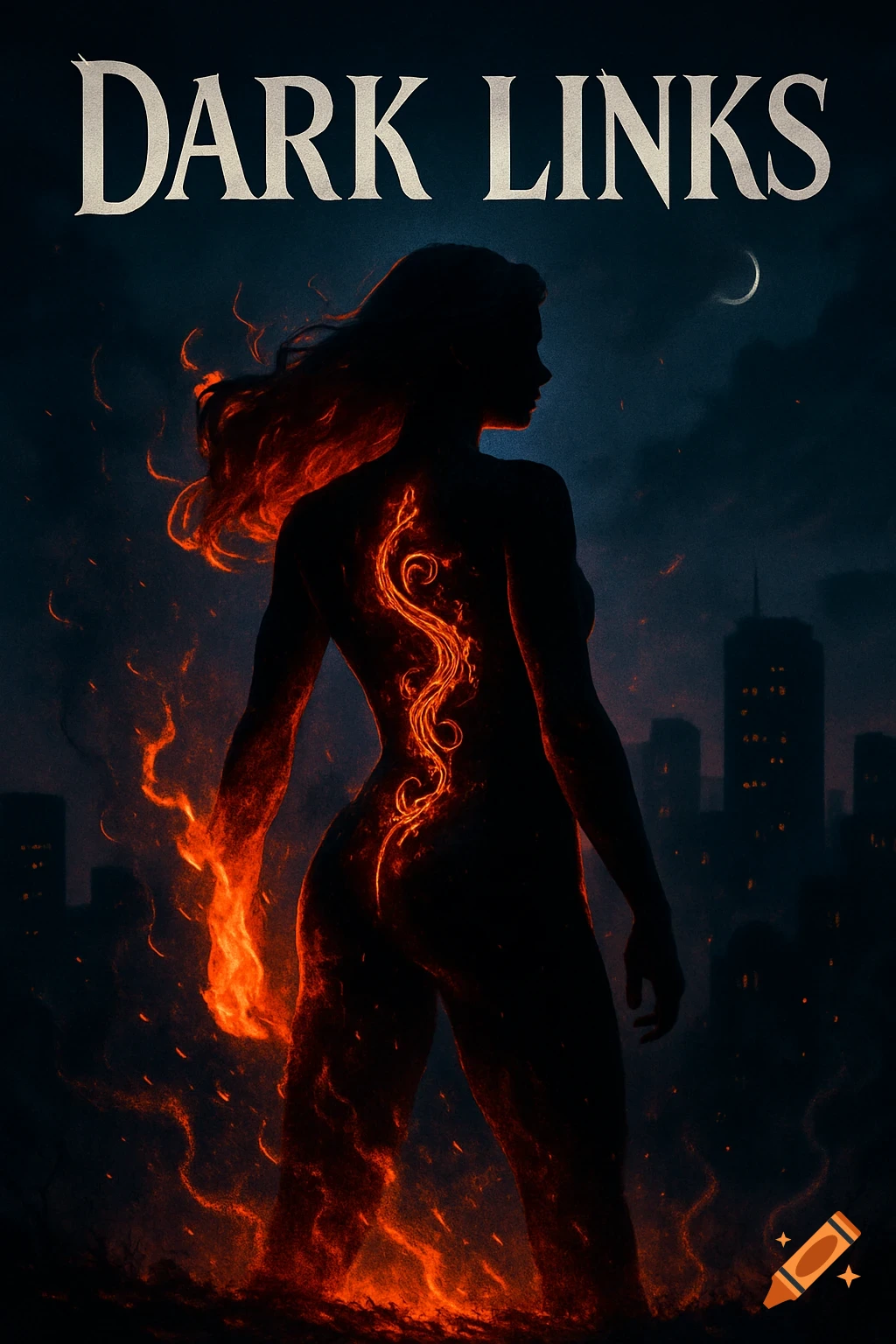 A fiery silhouette of a woman with a glowing back tattoo stands before a night city skyline. Text reads 'DARK LINKS'.