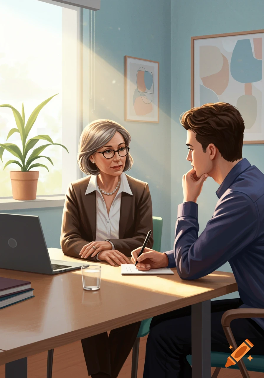 An older woman and a younger man in a bright office having a discussion at a desk, the man is writing. Digital illustration.