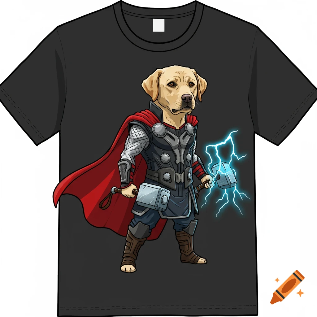 A black t-shirt with a cartoon graphic of a Labrador retriever dressed as Thor, holding two hammers with lightning.