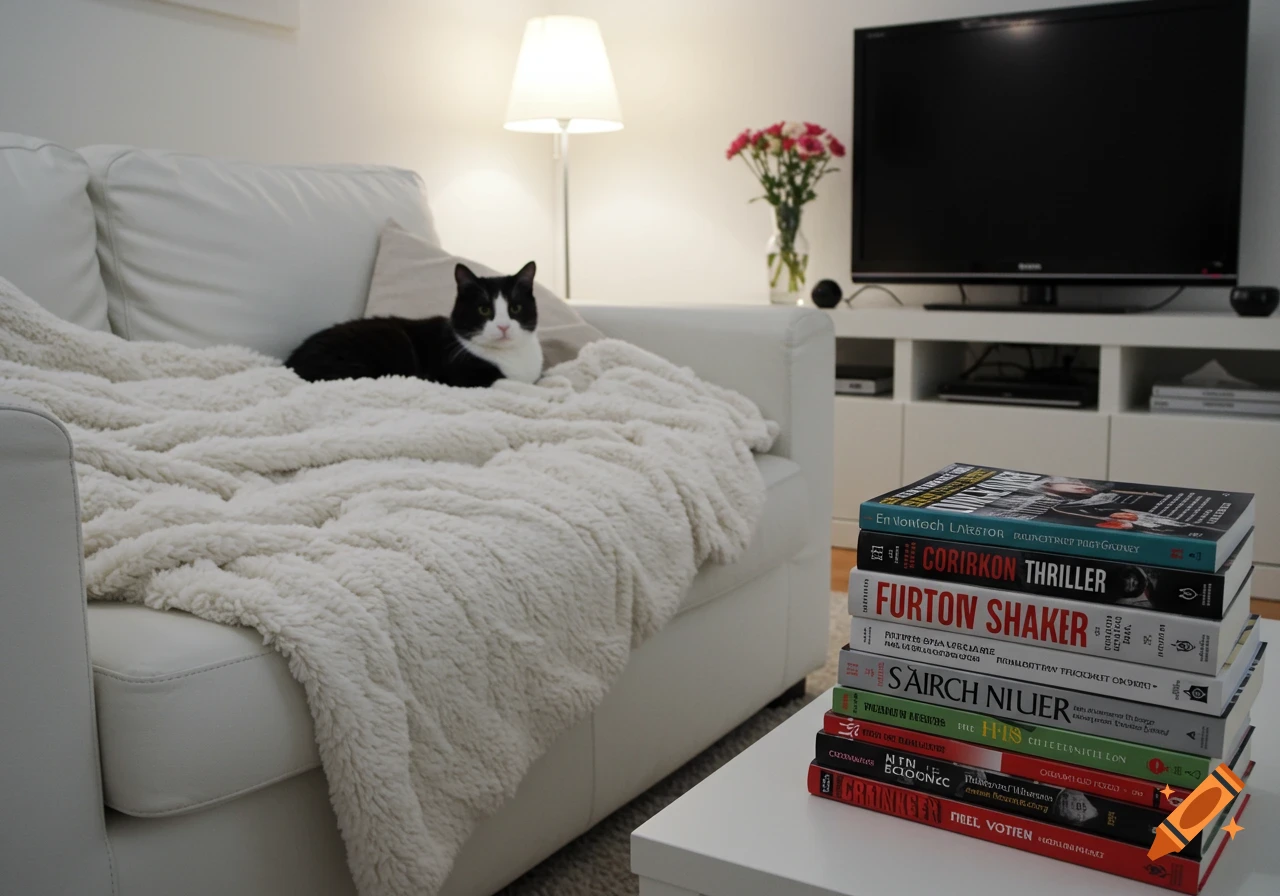 A black and white cat rests on a fluffy white blanket on a white couch in a living room with a TV and a stack of books on a table.