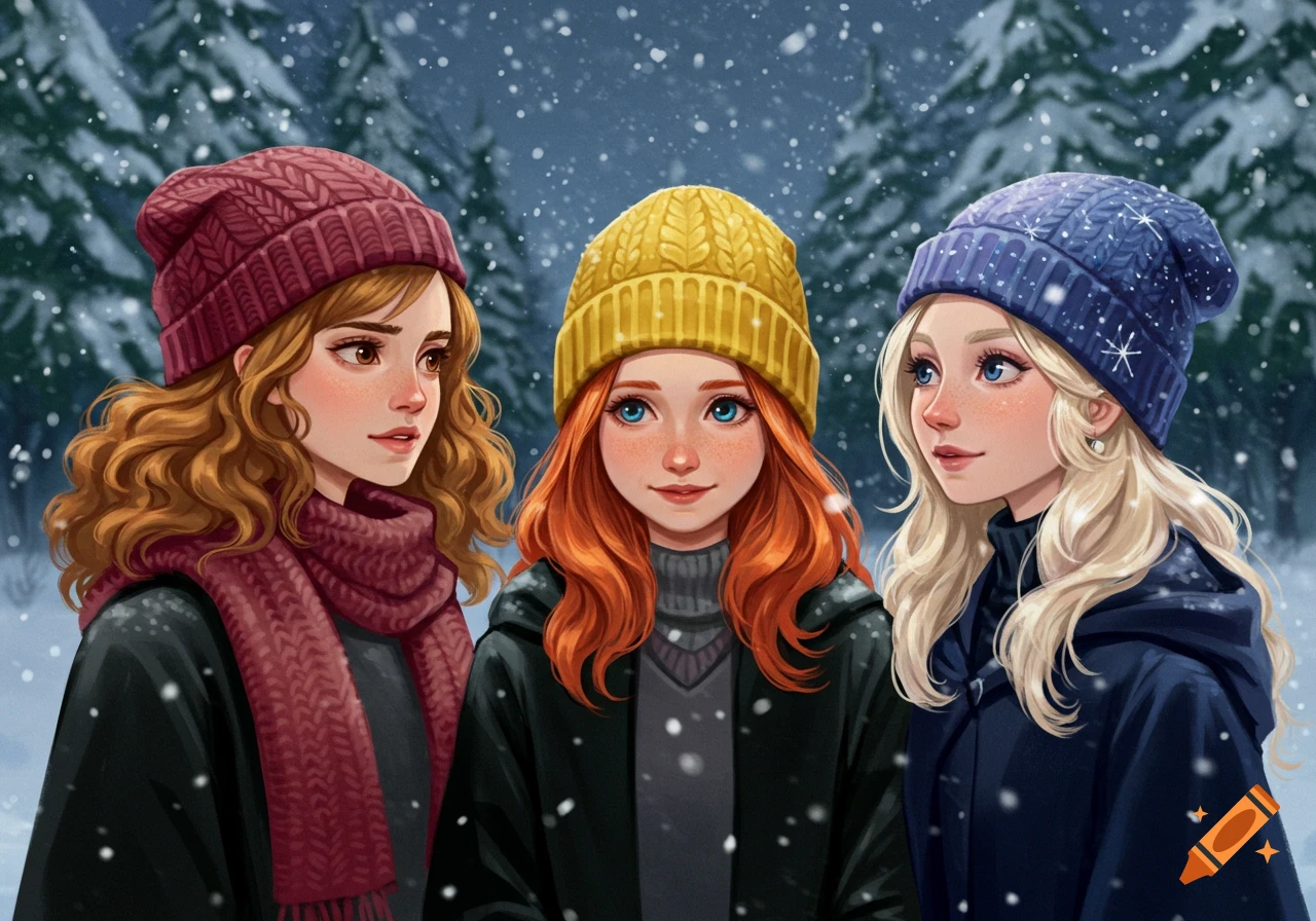 Illustrated portrait of Hermione, Ginny, and Luna wearing beanies and scarves in a snowy forest.
