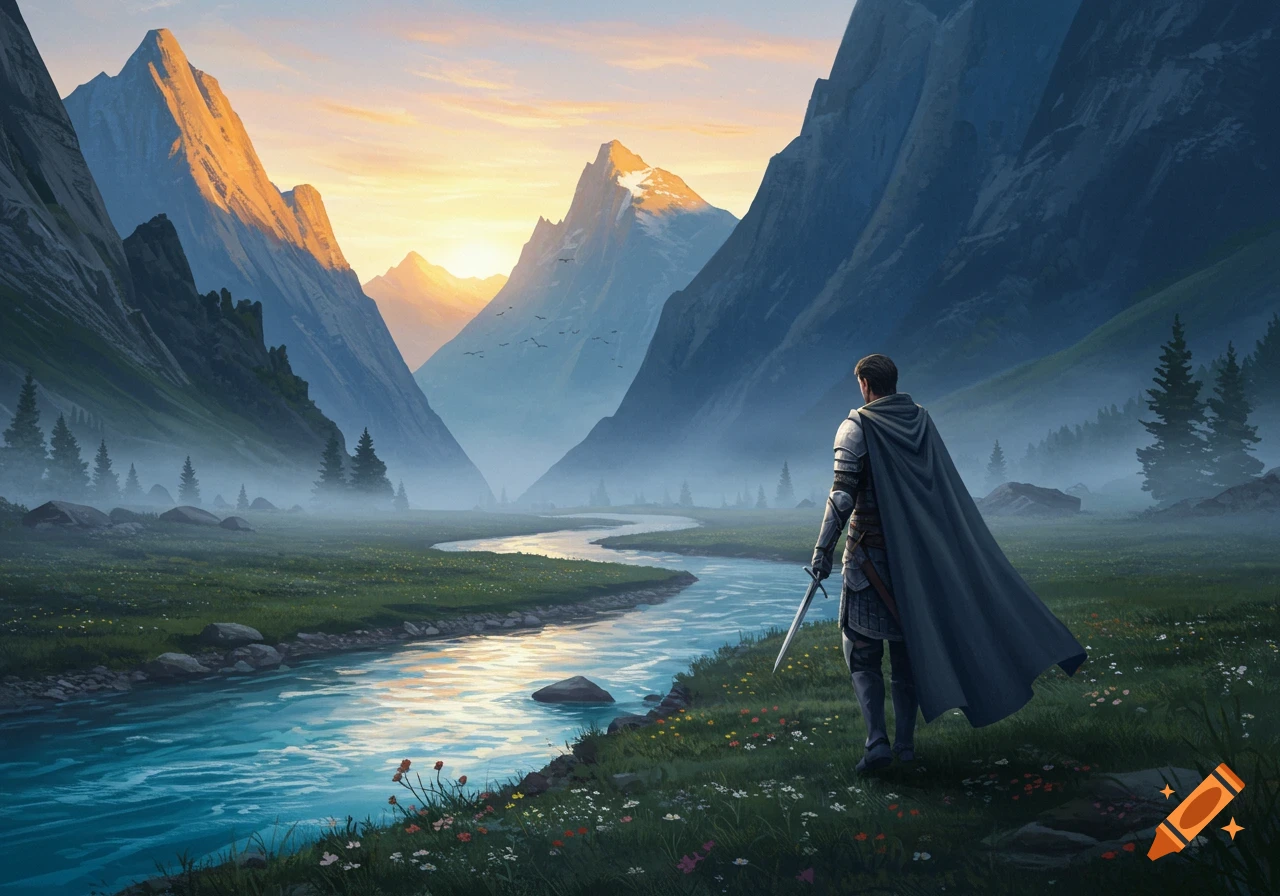 A warrior in armor and cape stands by a winding river in a vast, misty mountain valley at sunset.