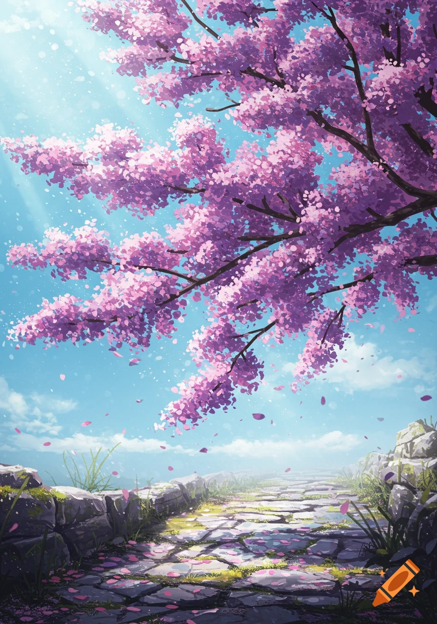 Anime-style landscape with a stone path covered in pink cherry blossom petals under a tree and a bright blue sky.