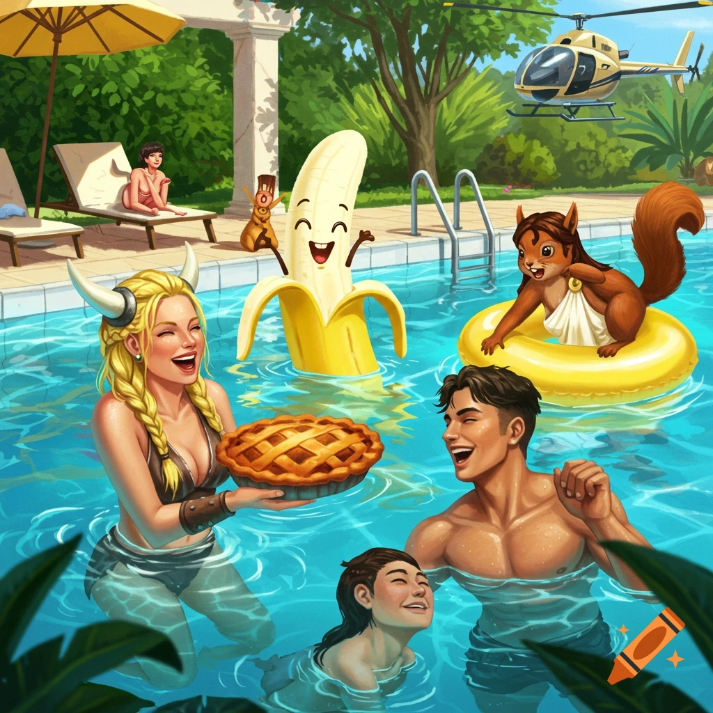 Whimsical illustration of a pool party with a Viking lady holding a pie, a Spartan man, a Greek goddess, a giant banana, and a squirrel. A helicopter is in the background.