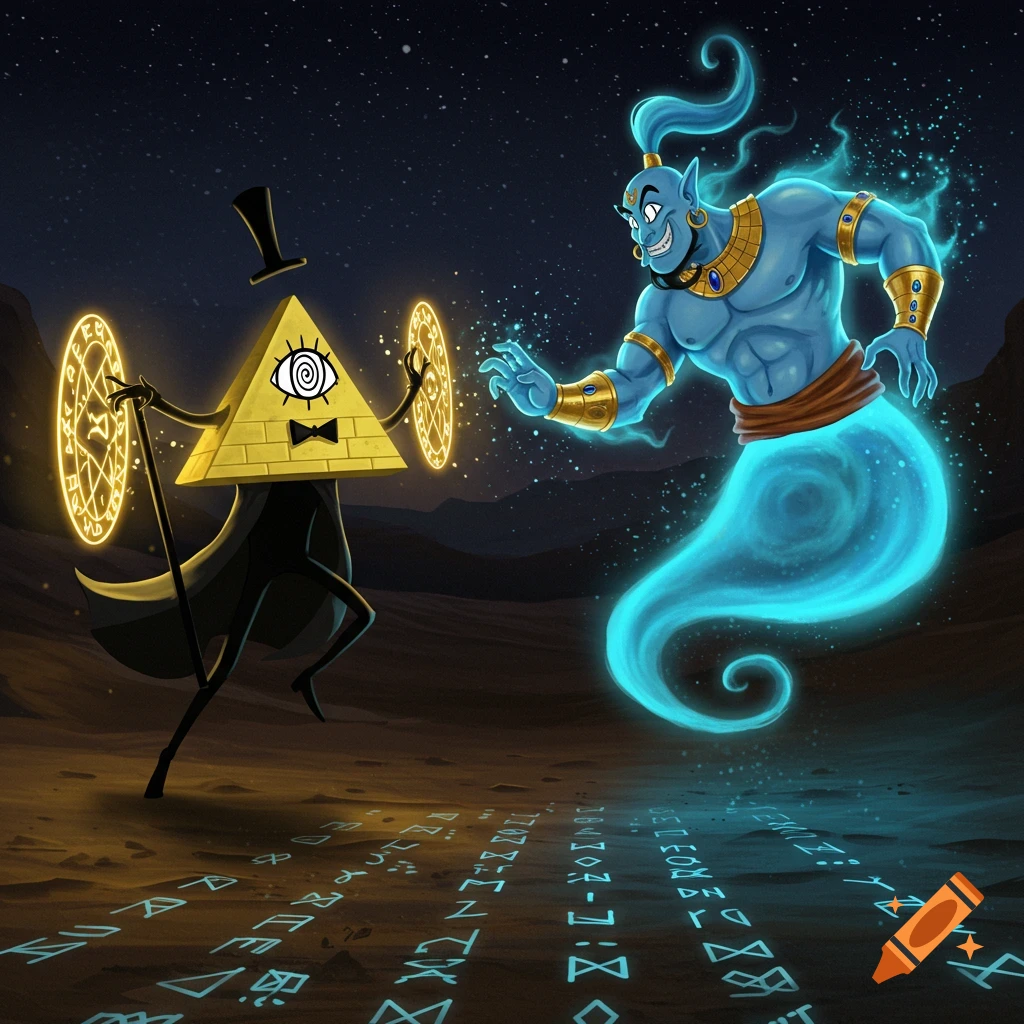 Bill Cipher and the Genie from Aladdin face off in a starry desert, surrounded by glowing magical symbols.
