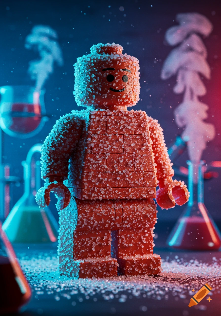 A red Lego minifigure covered in white sugar crystals stands in a blue-lit science lab with beakers and flasks emitting vapor.