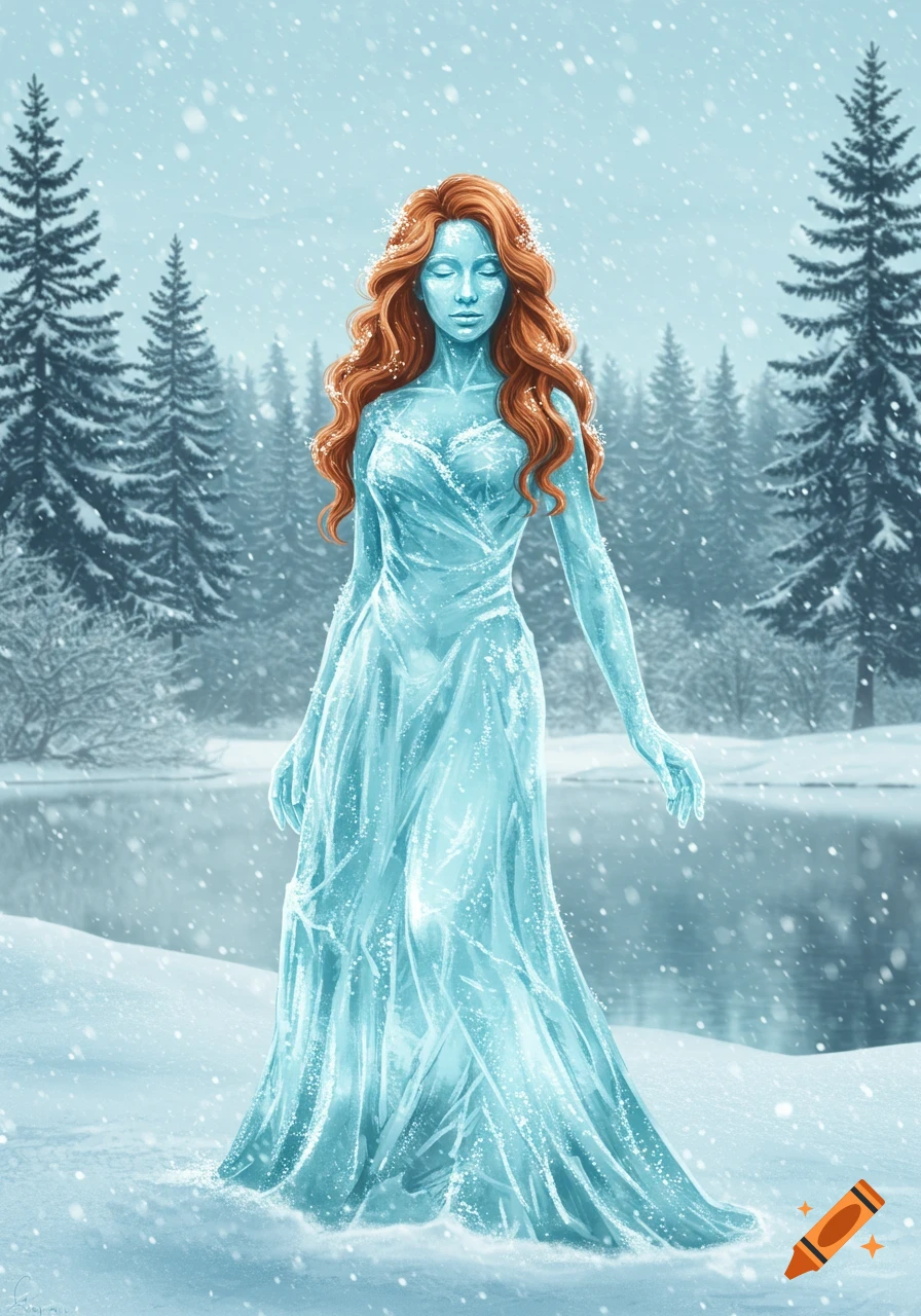 An ethereal woman with long red hair and an ice-blue body stands in a snowy winter forest scene.