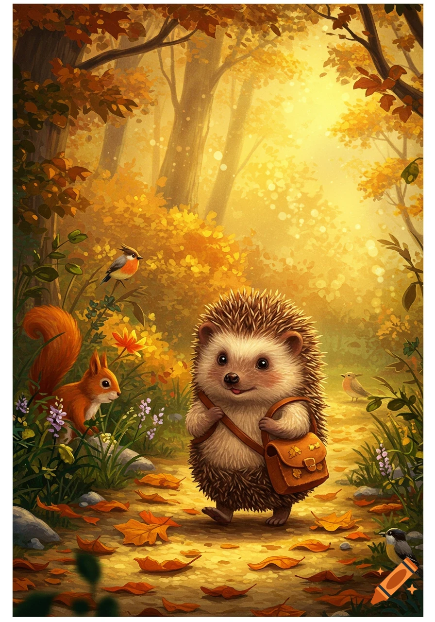 A cute illustrated hedgehog with a satchel walks on an autumn forest path, joined by a squirrel and birds, bathed in golden light.