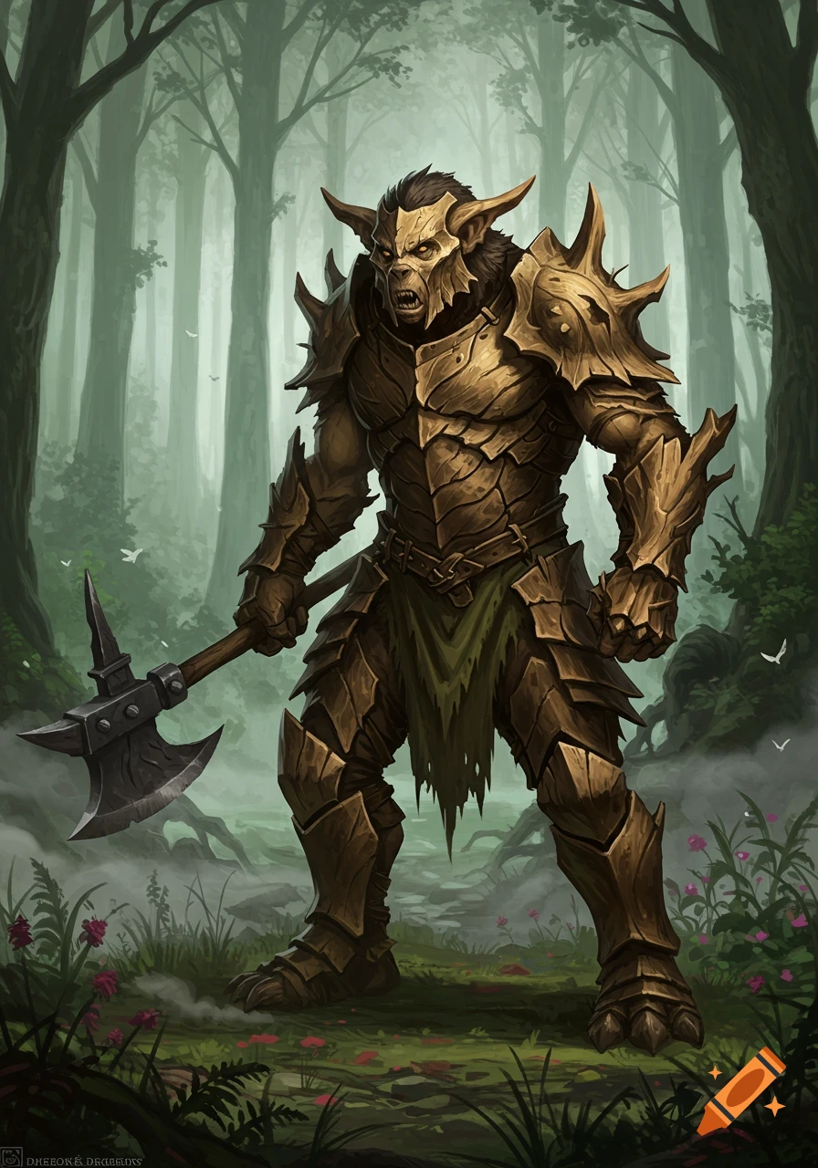 A formidable, horned bugbear warrior in ornate splinter armor holds a large axe in a misty fantasy forest.