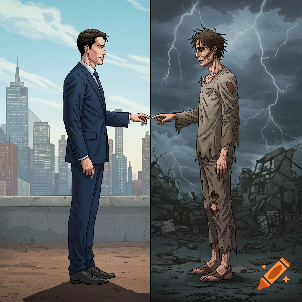 Comic book style illustration showing two men. On the left, a man in a suit stands against a city skyline. On the right, a gaunt man in rags stands against a stormy, ruined landscape. Their index fingers meet in the middle.